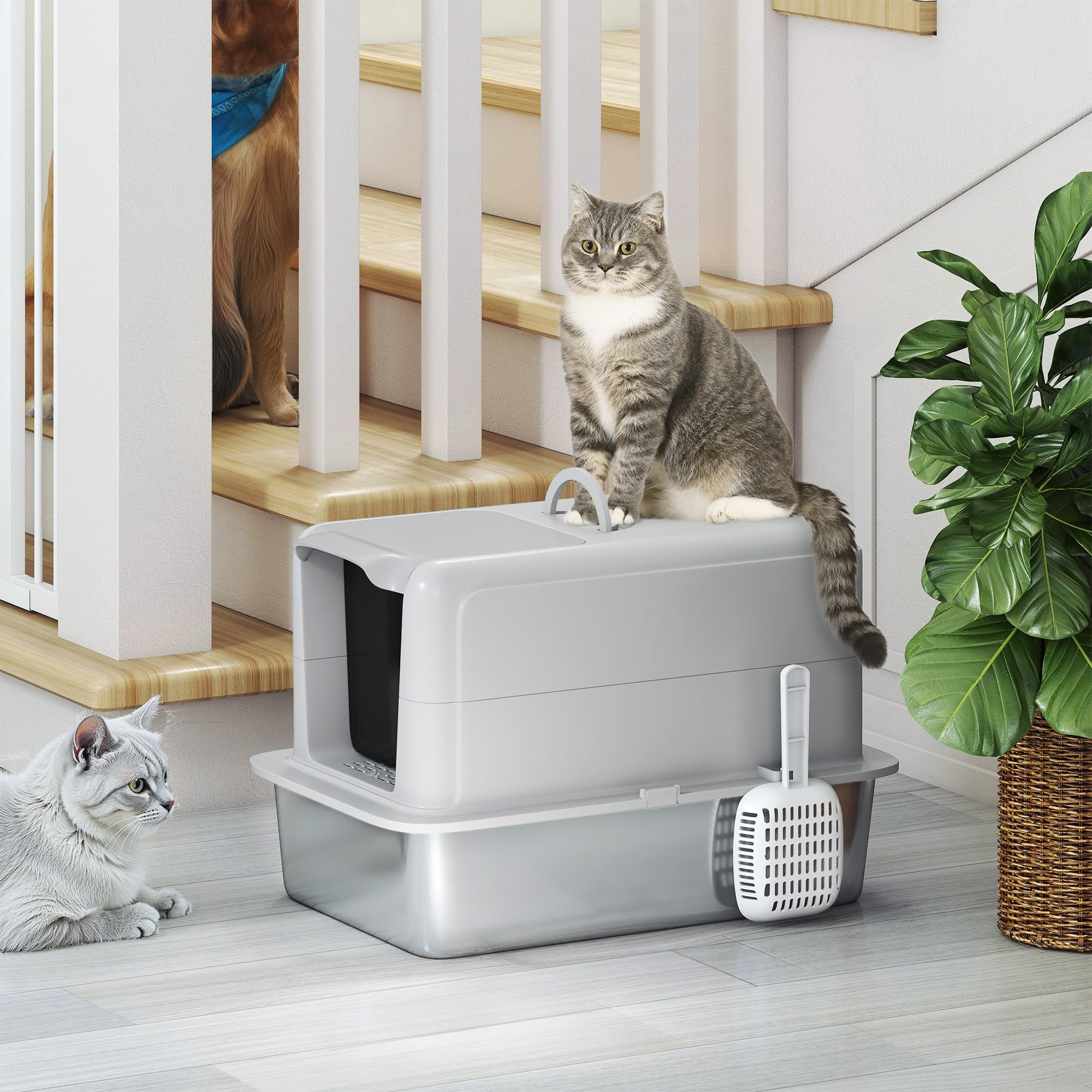 Bandeja Sanitaria PawHut de Acero Inoxidable con Tapa, Bandeja Sanitaria con cubeta, Filtro de Arena Incorporado, Incluye recogedor de Arena, para Gatos Grandes, Gris | Inodoro para gatos de acero inoxidable con bañera, filtro difuso integrado, pala para