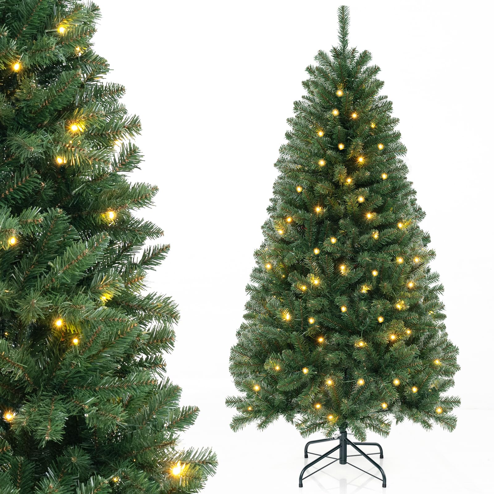 GYMAX 4.5FT/6FT Pre-Lit Artificial Christmas Tree, Hinged Xmas Tree with 160/200 Warm White LED Lights, 8 Lighting Modes, 388/568 Branch Tips, Festival Decoration Tree for Home Office Party (6FT)