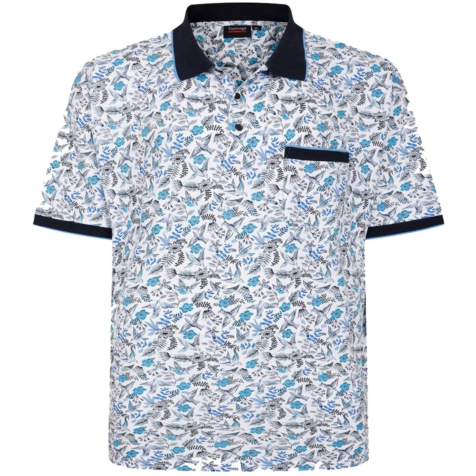 Espionage Bird Print Polo Shirt Short Sleeve Pocket Casual Top Mens 2XL-8XL P224 (UK, Alpha, 3XL, Plus, Regular, White/Navy/Blue)