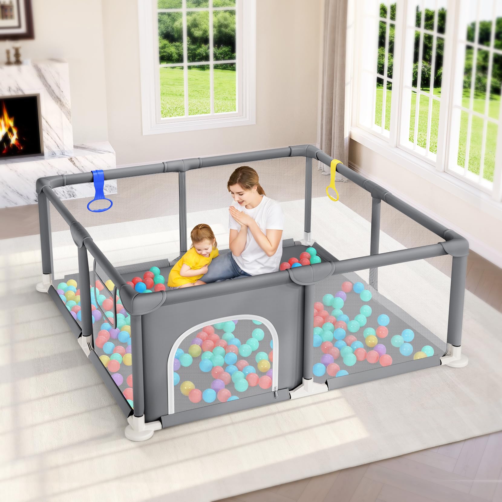 Dripex Playpen for Babies and Toddlers, Safe Anti-Fall Play Yard, Visible Play Pen with Gate, Baby Fence Play Area with Pull-up Ring, Washable Baby Play Yards, Anchor Grey, 50"x50"