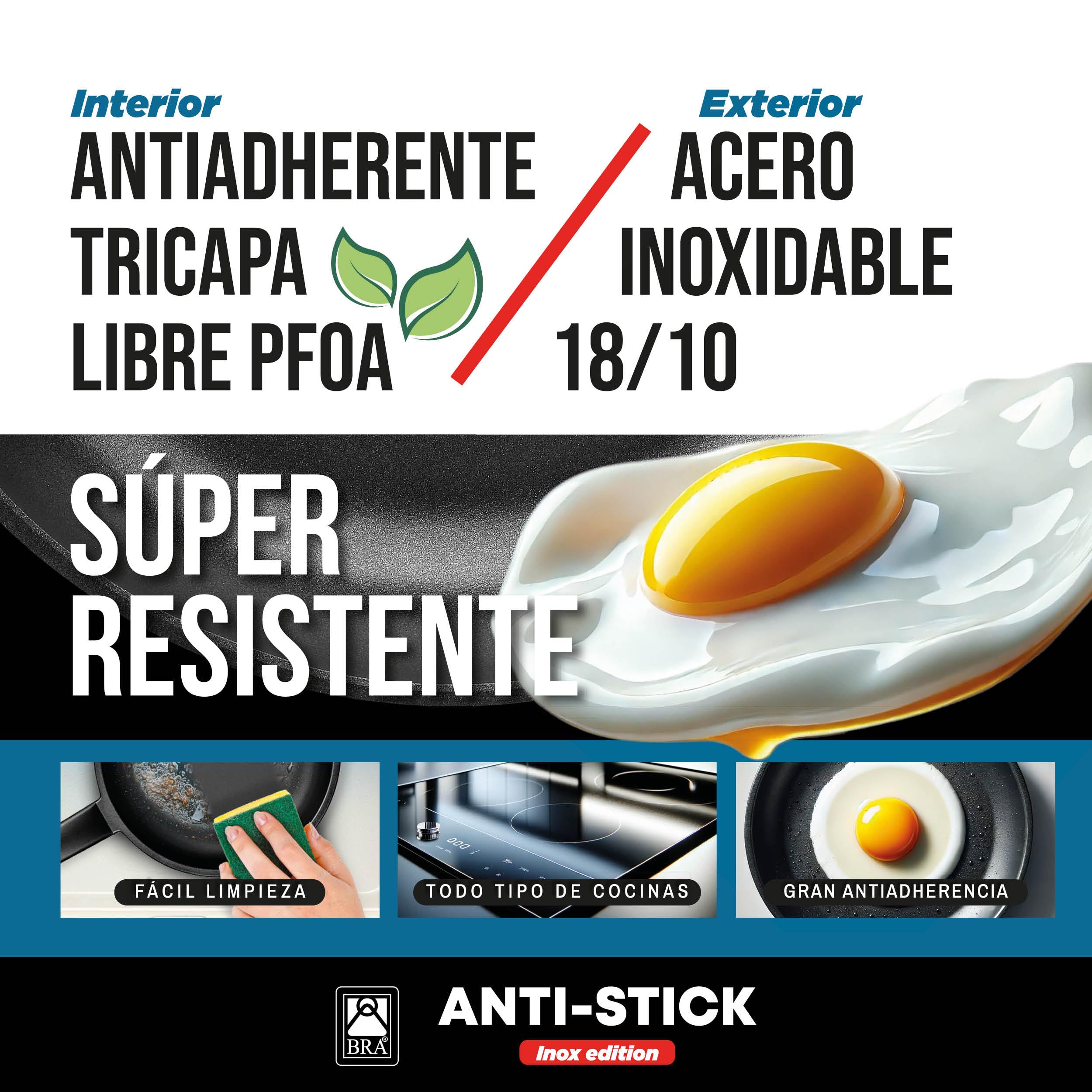 BRA Antistick Inox | Set 3 sartenes 18/22/26 cm, aluminio forjado reciclado con antiadherente de titanio y superficie MetalTec, aptas para todo tipo de cocinas, incluida inducción