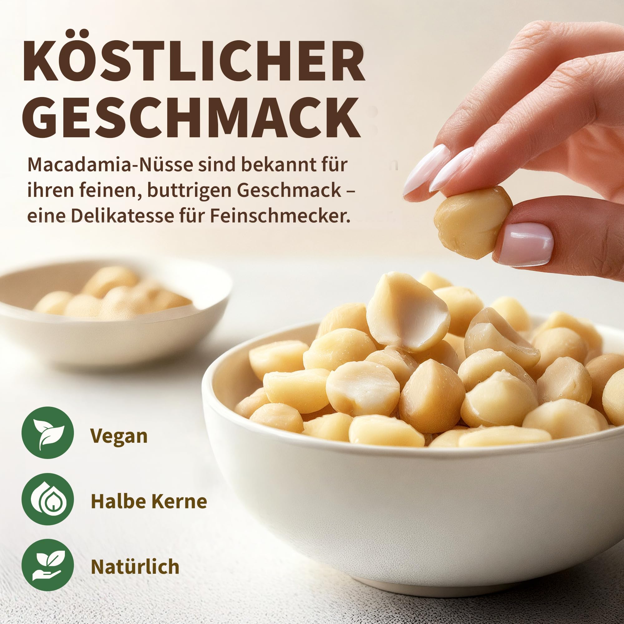 Feinwälder® Macadamianüsse Hälften 1kg Naturbelassen & Ungesalzen - Macadamia-Nüsse roh für Backen, Kochen & Snacks - Halbe Macadamia-Kerne, Macadamia-Nuss glutenfrei & vegan