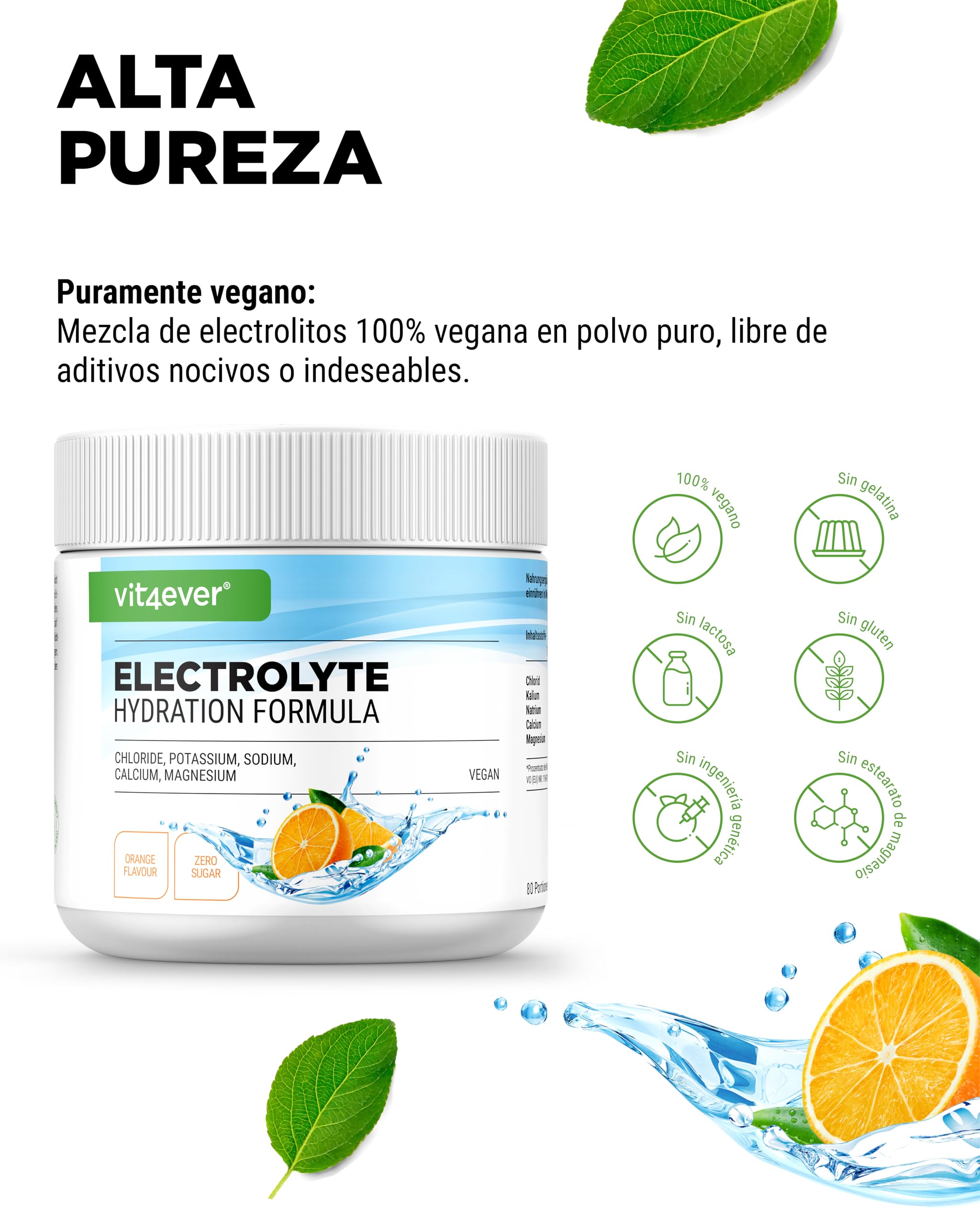 vit4ever Electrolitos - 400 g (80 Porciones) - Fórmula de Hidratación con Cloruro, Potasio, Sodio, Calcio, Magnesio - Sin Azúcar - Vegano - Sabor Naranja