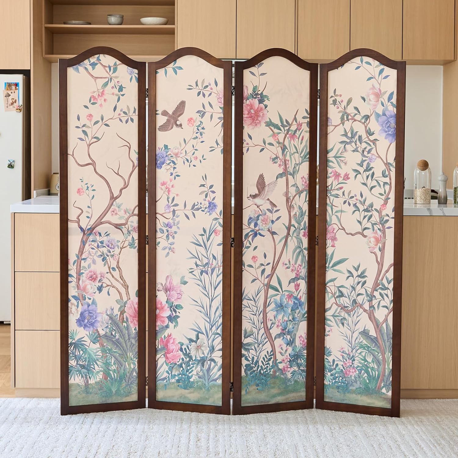 Svimi Oriental Style 4 Panel Room Divider and Folding Screen Room Divider,Freestanding Partition Screen,67″H x 64″W (Forest, Cloth Art)