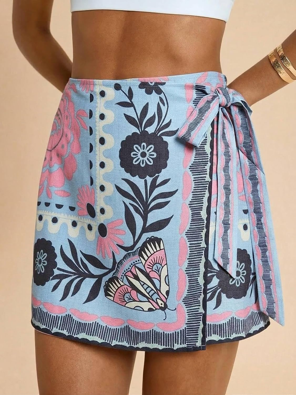 Womens Wrap Mini Skirt Summer Boho Floral Tropical Print Skirts Casual Beach Vacation Outfits Short Skirts