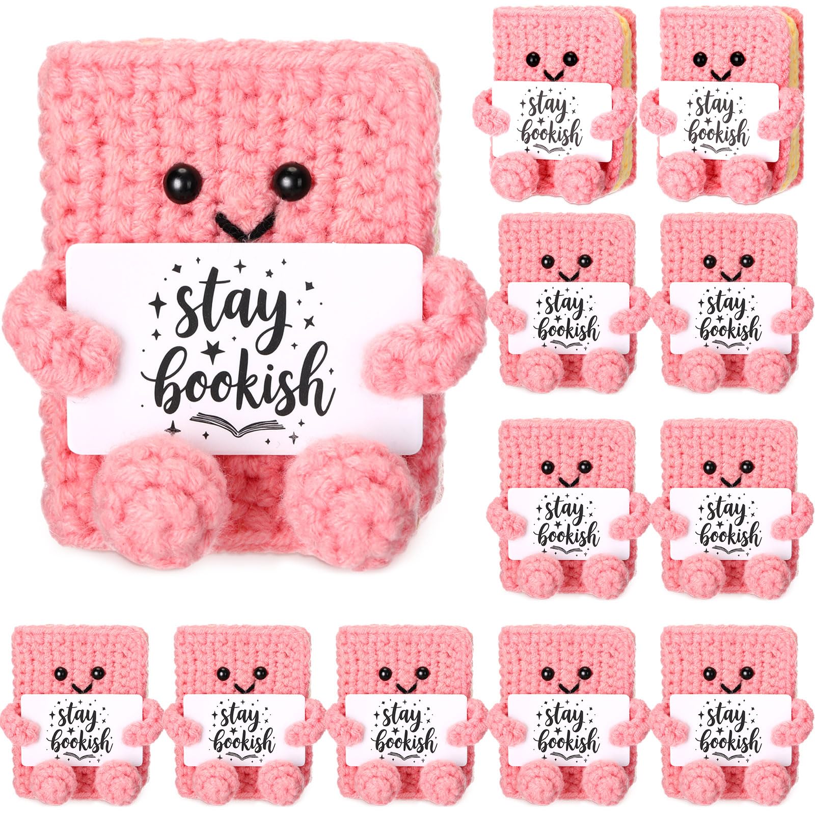 Motionchic 12 Pcs Book Lovers Gifts Bulk Small Handmade Book Shaped Crochet Plush Dolls with Inspirational Cards Gift for Librarian Bookish Group