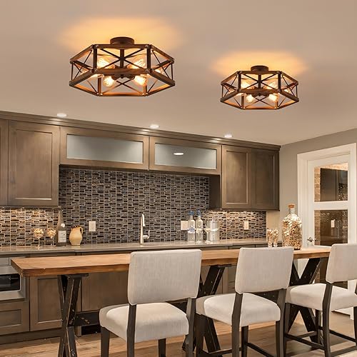 Miniatura 2 de Lámpara de techo empotrada de madera rústica grande de 20 pulgadas, de madera de roble y jaula de metal, lámpara de techo semiempotrada para