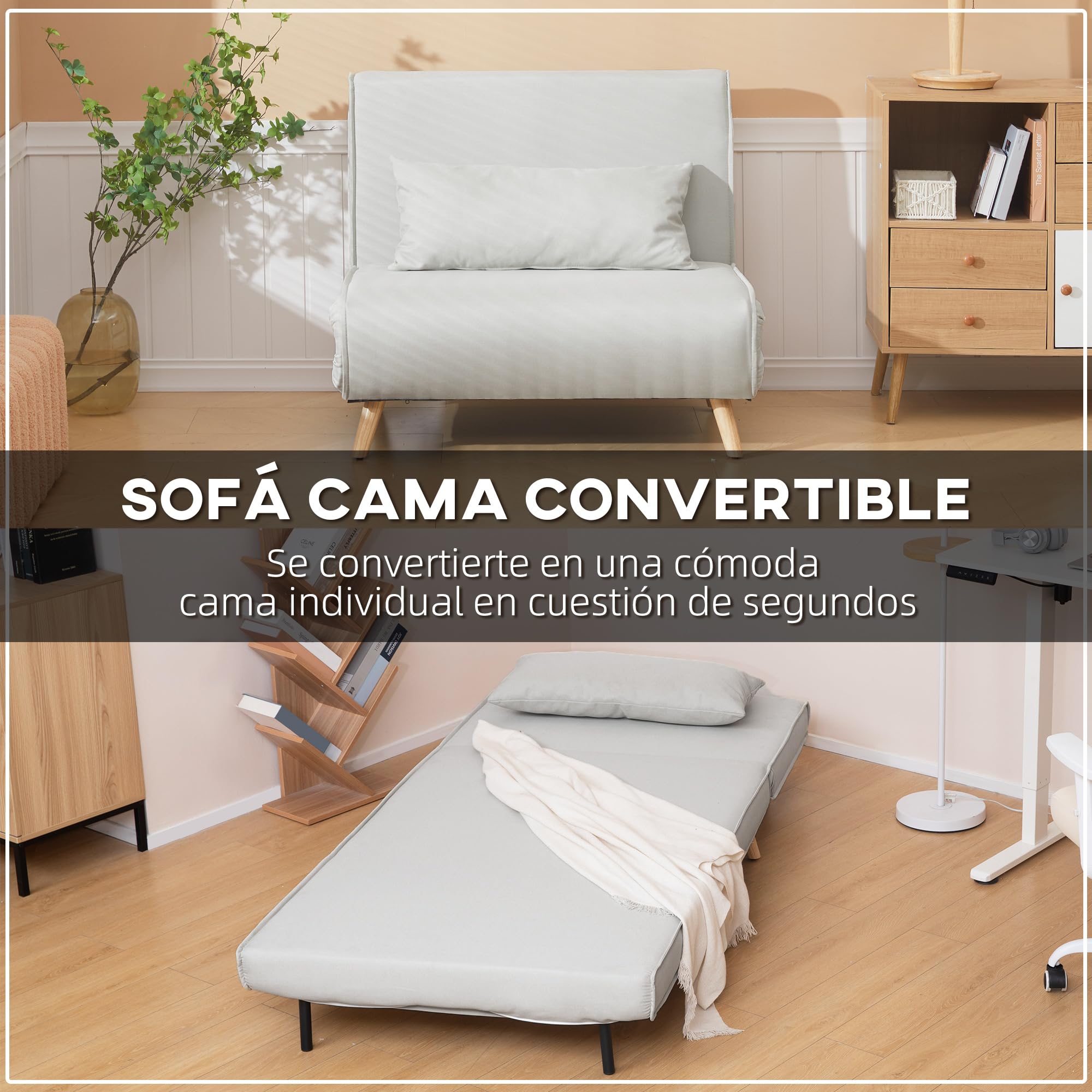 HOMCOM Sofá Cama Individual 3 en 1 94x78x80 cm Sillón Cama con Respaldo Ajustable en 6 Posiciones Almohada Acolchada Carga 350 kg para Oficina Dormitorio Salón Beige