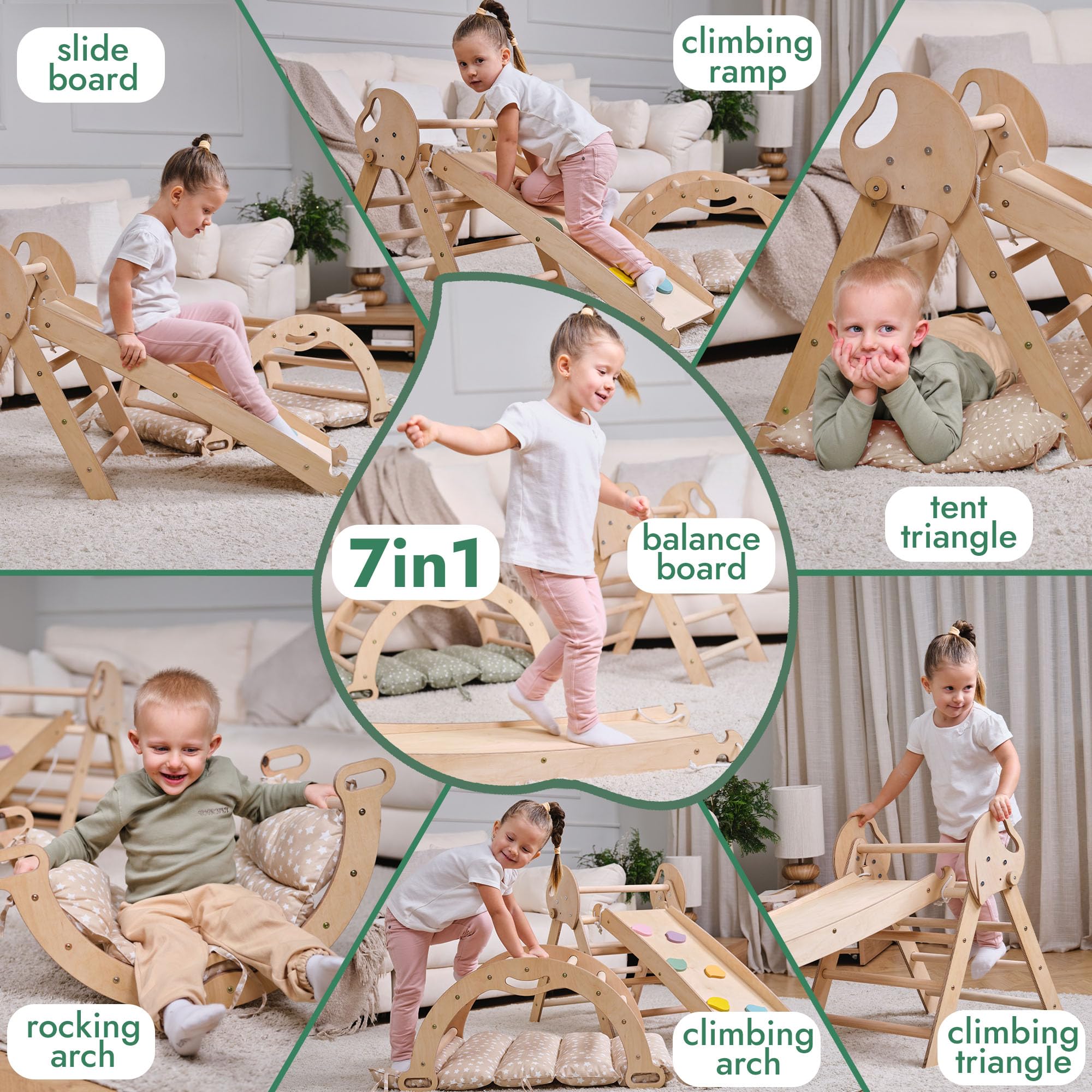 Goodevas Montessori zestaw rusztowań wspinaczkowych 5 w 1: do wnętrz, trójkąt wspinaczkowy, łuk wspinaczkowy z poduszką i zjeżdżalnią dla dzieci, plac zabaw dla dzieci w wieku 1-3 lat