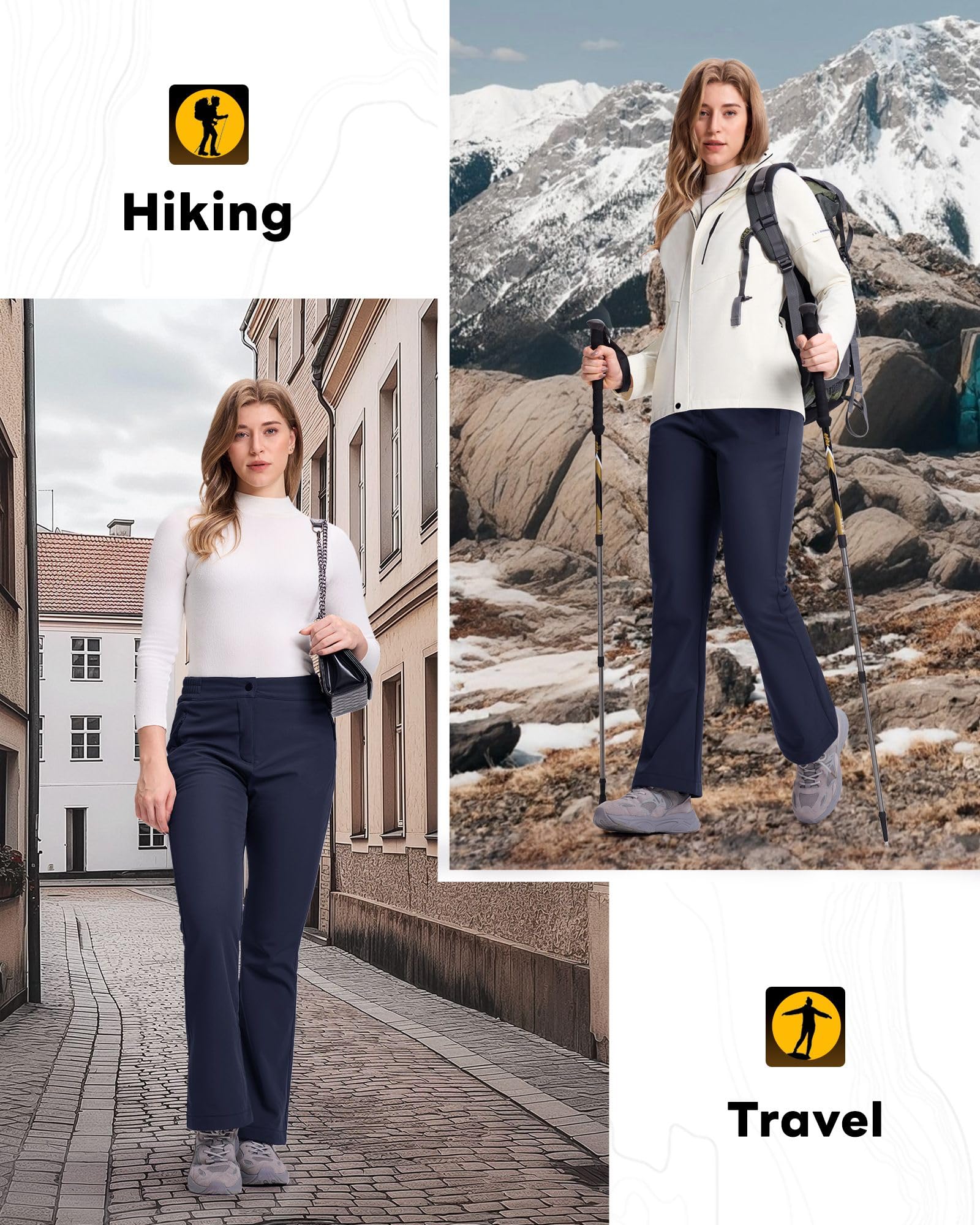 33,000ft Pantalon softshell pour femme - Imperméable - Coupe-vent - Doublure chaude - Pantalon de ski - Pantalon de trekking - Respirant - Pantalon thermique