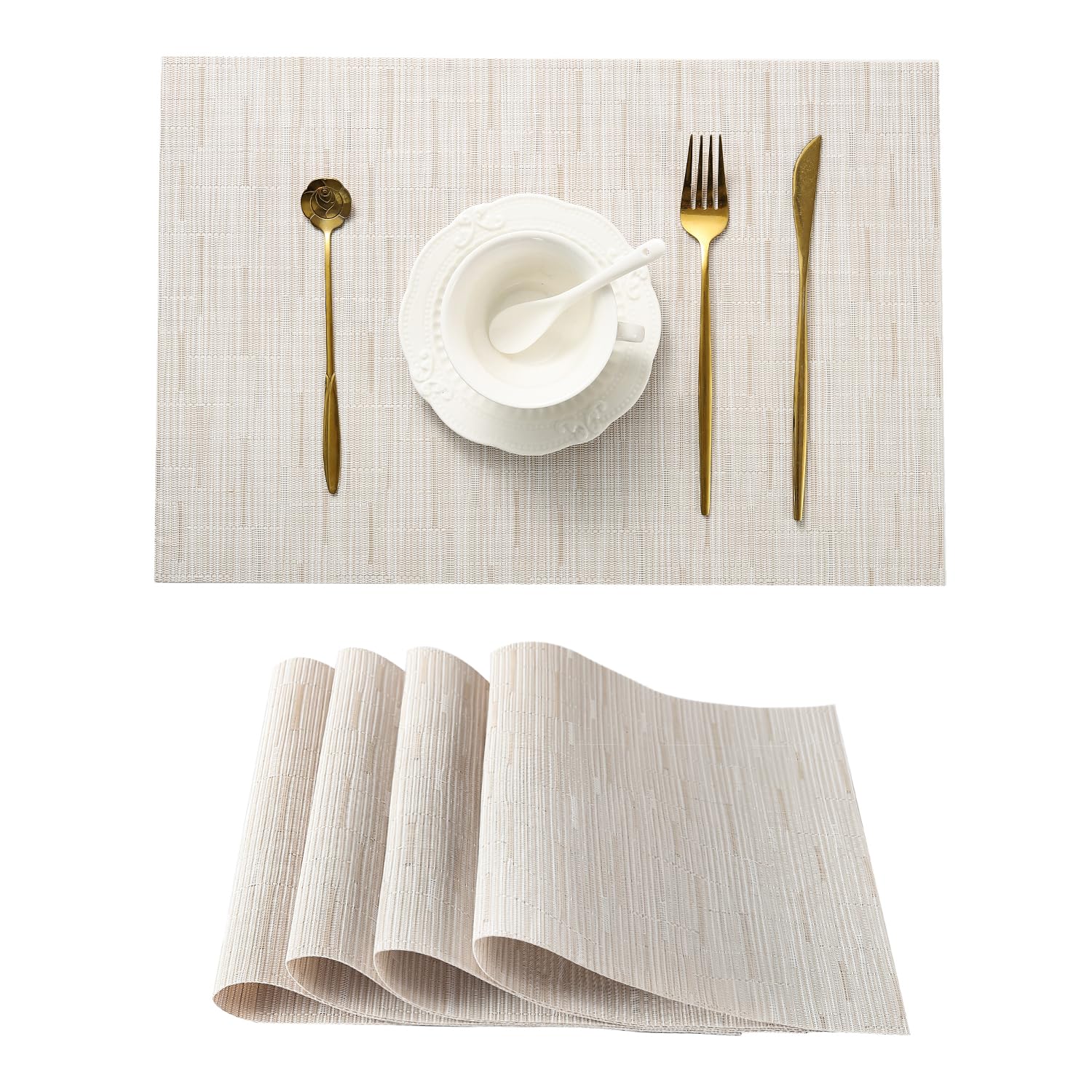 Leetaltree Pale Beige Placemats Set of 4 - Heat Resistant Non-Slip Place mats for Dining Table, Washable Durable PVC Vinyl Woven Table Mats（Pale Beige, 4）