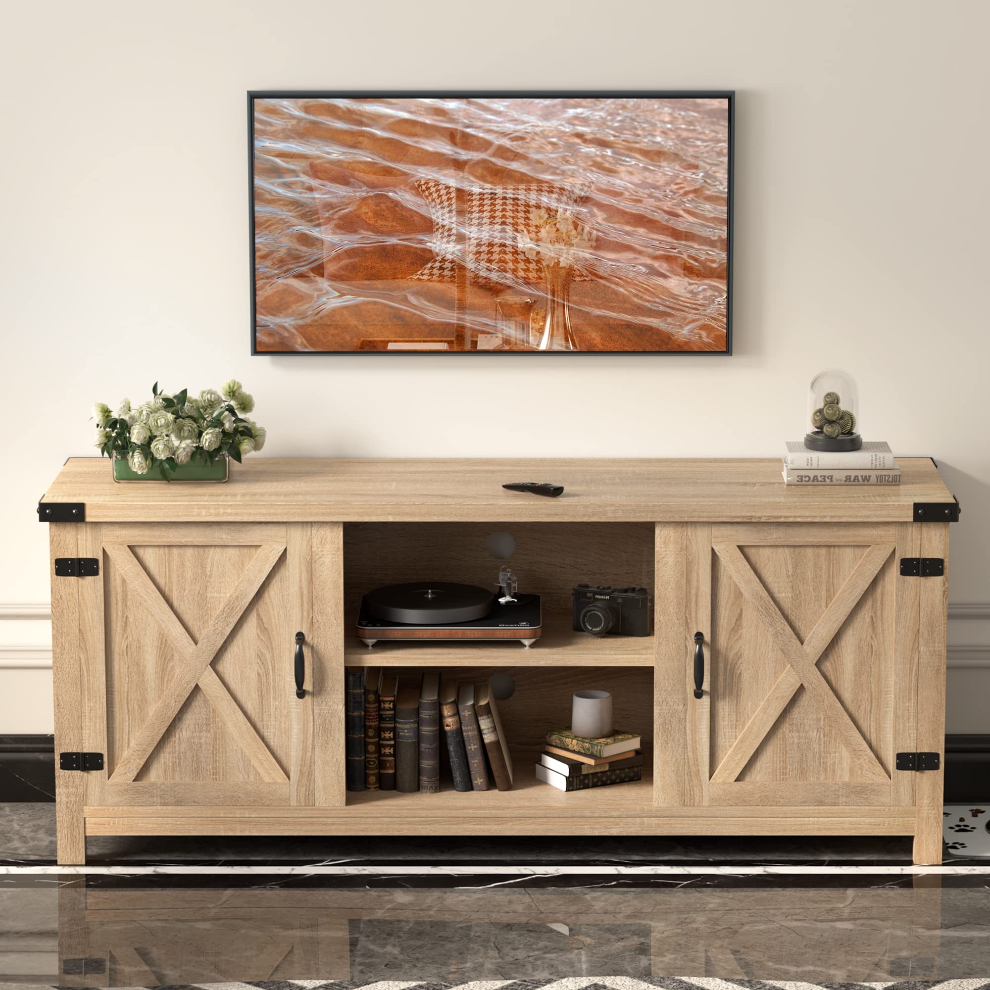 Buy YESHOMY Modern Farmhouse TV Stand with Two Barn Doors and Storage