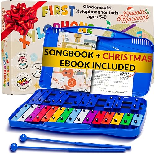 Leopold & Marianne | Xylophone for Kids Ages 5-9 | Kids Musical Instrument | Glockenspiel 25 Notes Chromatic | Color Metal Keys | Music Book Included, Play-Along Videos, Blue Carry Plastic Case