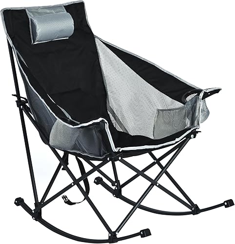 SUNNYFEEL Silla mecedora de camping, reclinable acolchada de lujo, silla plegable de gran tamaño con bolsillo, resistente para
