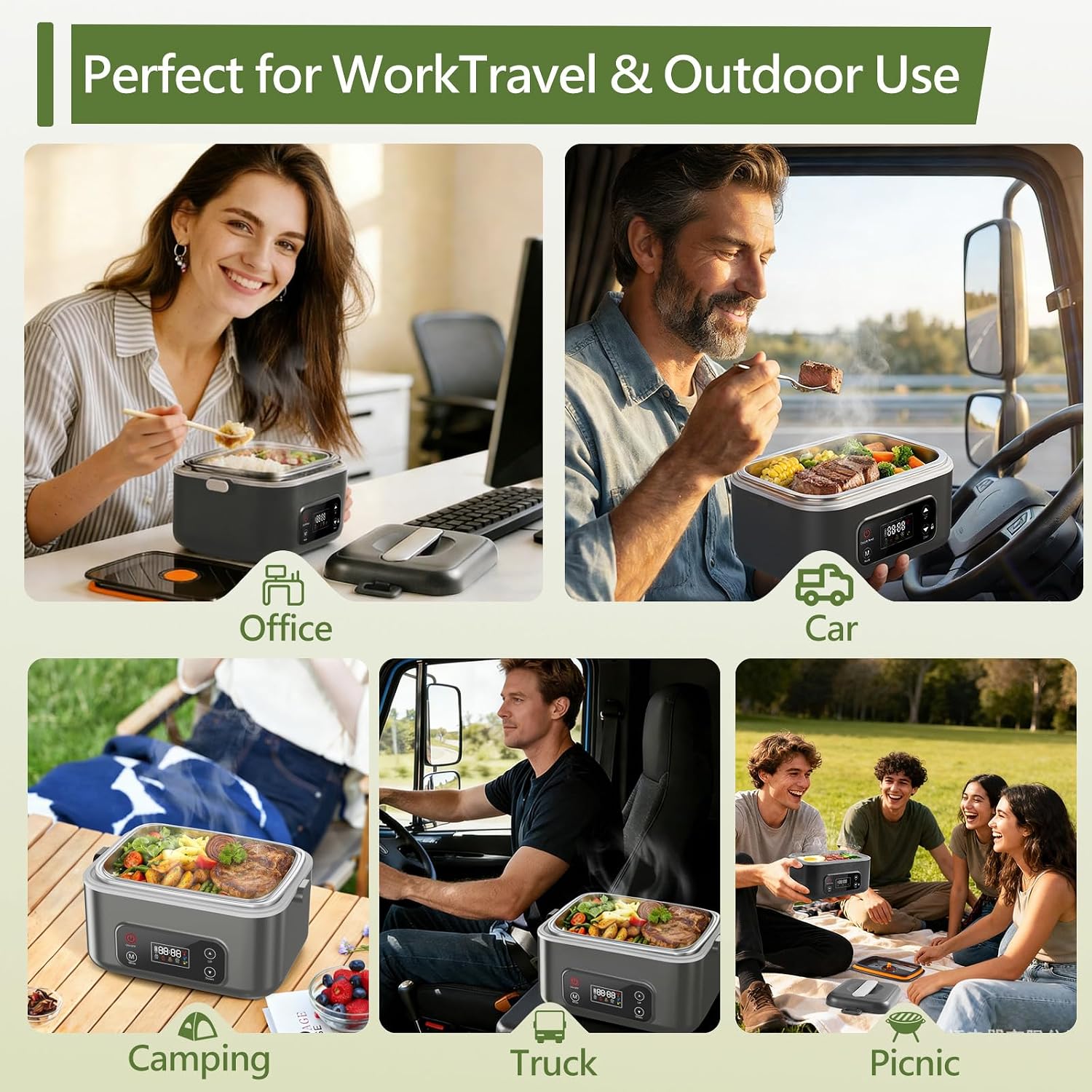 Heated Lunch Box, 24000mAh Battery Powered Electric Lunch Box for Adults, 5-Side Fast Heating with Scheduled Heating & Keep Warm, 5.5 Cups Cordless Portable Food Warmer, SUS304 Tray, for Office Truck
