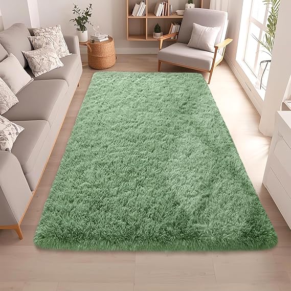 Large Green Fluffy Rugs for Living Room 6x9 ft - Ultra Soft Faux Fur Area Rug - Plush Non-Slip Shaggy Carpet for Bedroom, Kids Boys Girls Dorm Nursery Room