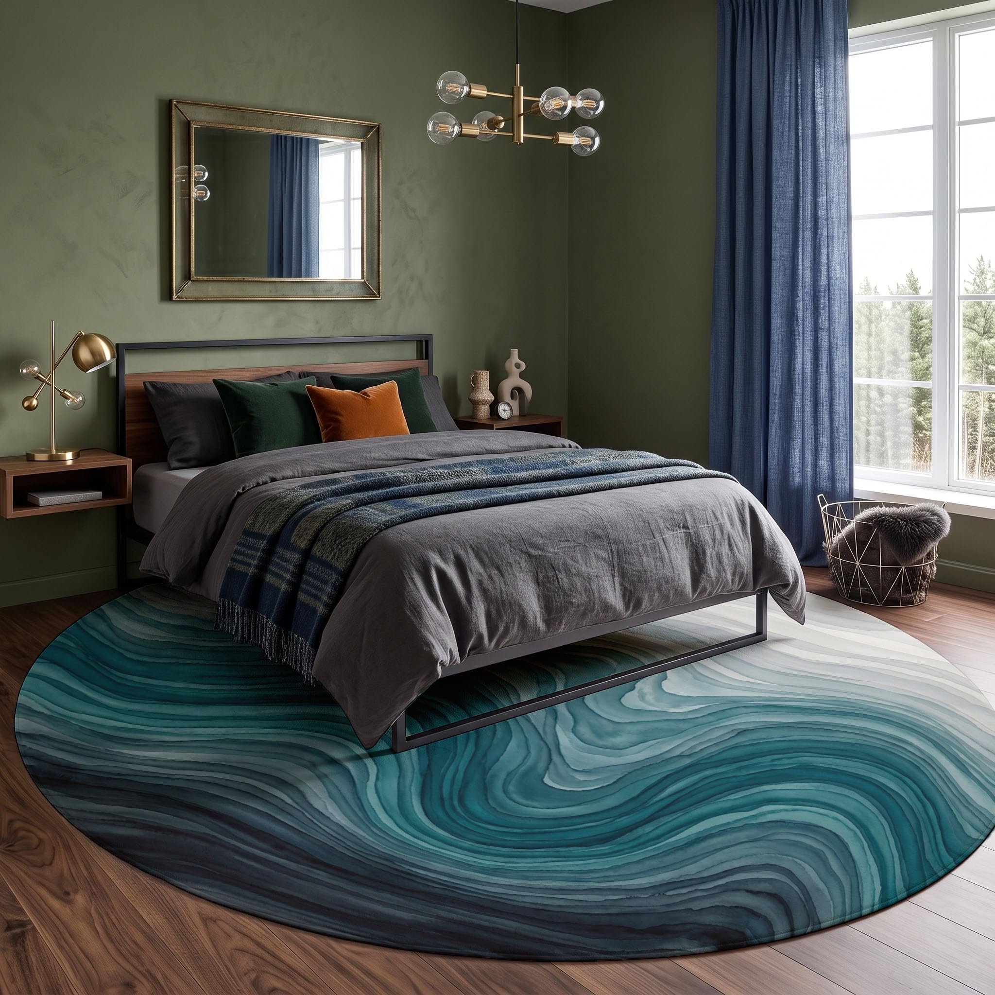 Tapis Rond 180cm Texture Ondulée À Gradient pour Chambre | Art Abstrait À L'Aquarelle Rond Tapis Antidérapant Lavable en Machine Cuisine Salon Adulte Interieur Bureau Cuisine Decoration
