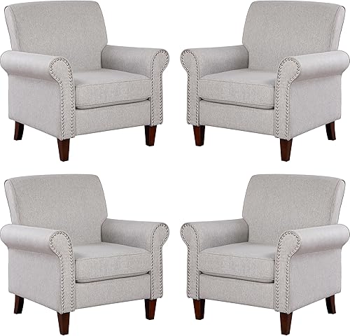 Miniatura 8 de Prilinex Silla tapizada para sala de estar, silla decorativa grande y cómoda de tela, sofá individual con cojín, reposabrazos enrollados y ribete de