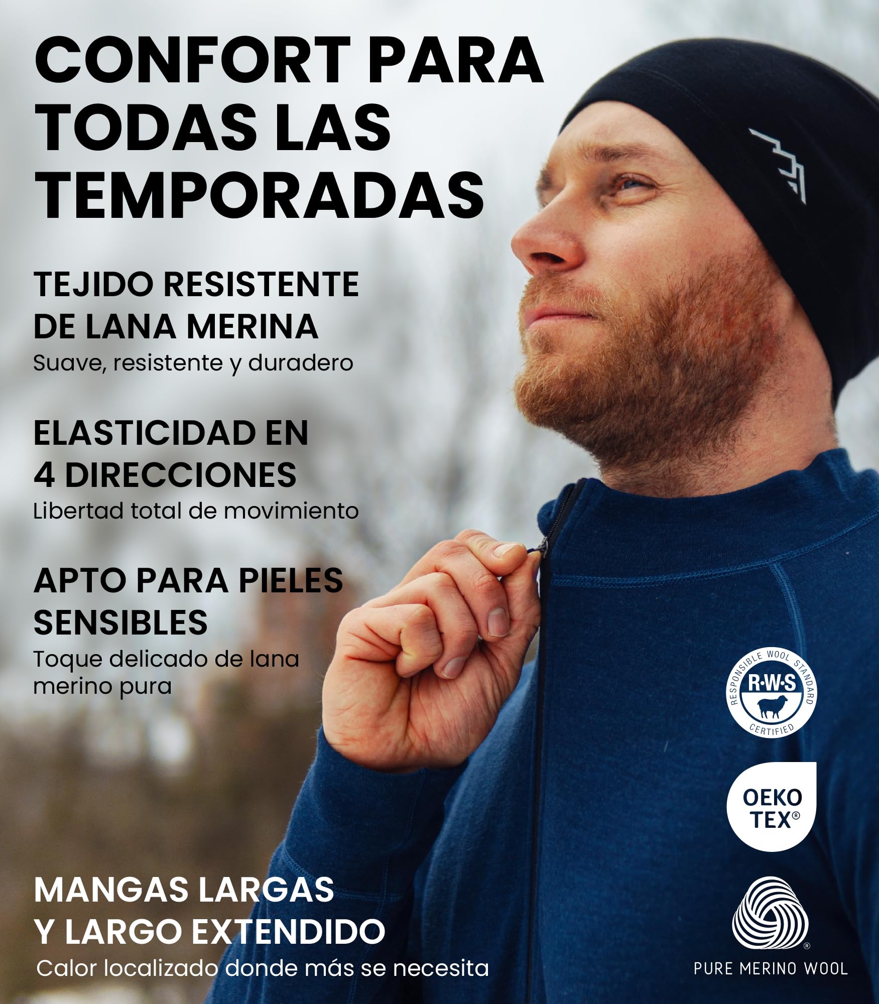 Merino.tech Camiseta Manga Larga Hombre con Cremallera et Calcetines | Capa media para running y fitness. No pica, neutraliza olores, cálida y cómoda