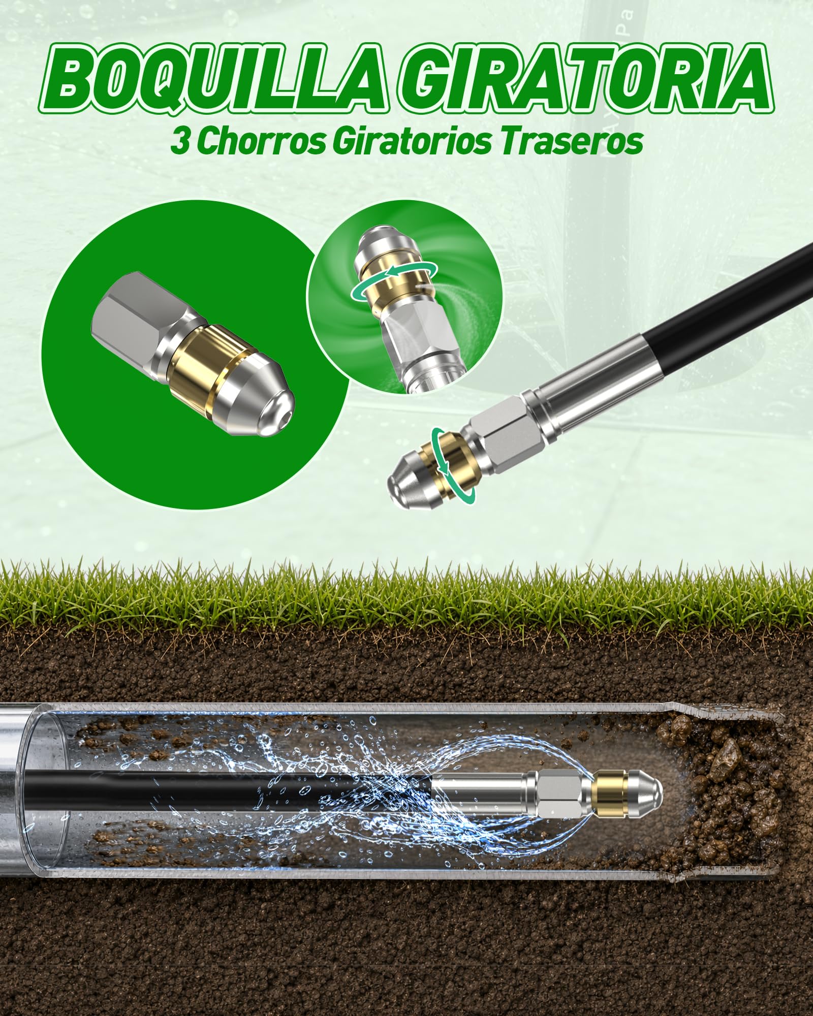 15M Manguera Desatascador Tuberias a Presion para Kärcher, Lavor, Bosch | 180Bar Kit Limpieza Tuberías, 2 Boquillas Fijas+Giratorias, para Hidrolimpiadoras Kärcher K2 K3 K4 K5 K6 K7 HD HDS y Parkside
