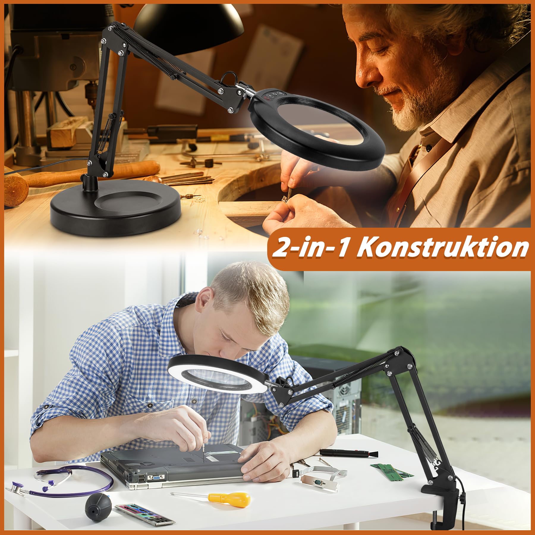 Veemagni 12X Lupe mit Licht, 5 Farbmodi Stufenlos Dimmbar 2-in-1 Schreibtischlampe und Klemme, LED Beleuchtete Lupe mit Licht und Ständer, Hände Frei für Handwerk Hobby Malerei Schließen Arbeit