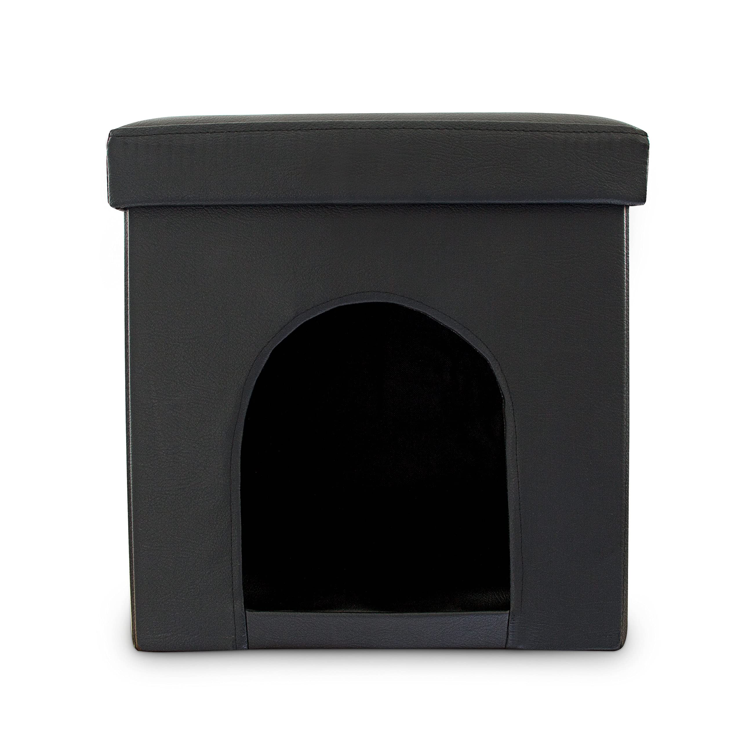 Relaxdays Set de 2 artículos para Mascotas, Comedero Doble XL, Altura Ajustable, Perros-Gatos, Taburete con casa para Perro, Negro
