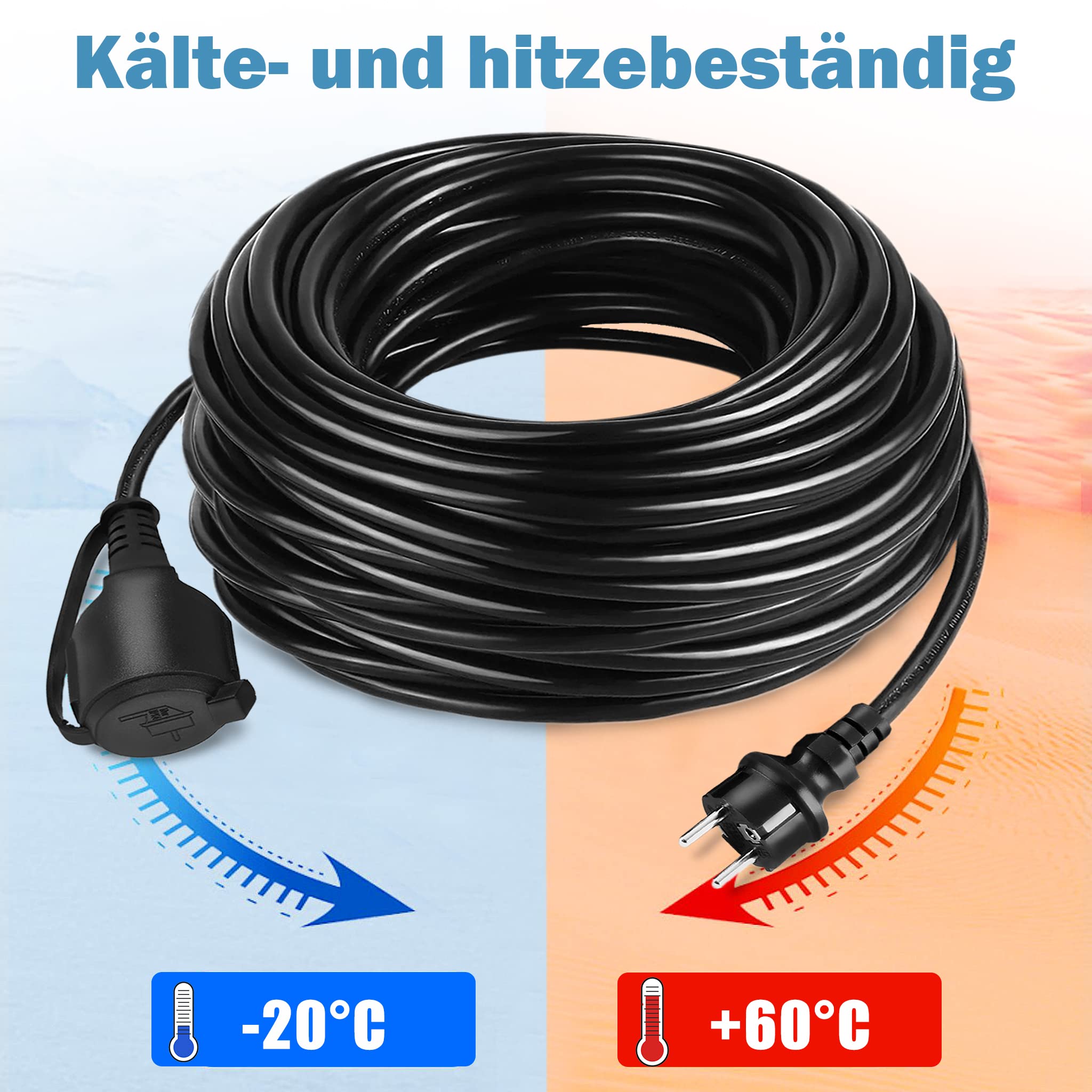 UISEBRT Cavo di prolunga Schuko da 30 m, con spina piatta 3500 W, 230 V, IP44, cavo di alimentazione con tappo di protezione per esterni, con contatto di protezione H05VV-F3G, cavo di prolunga per