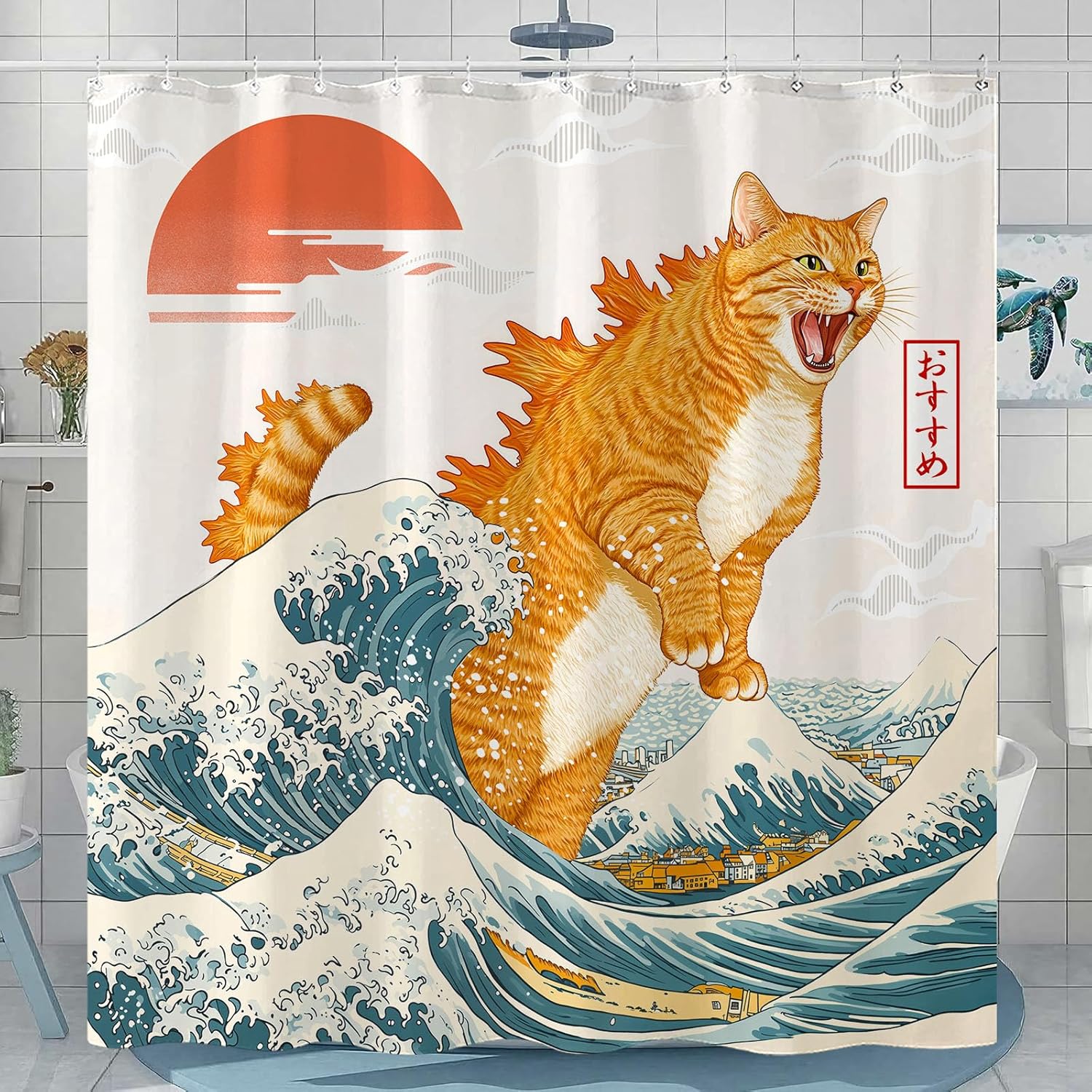 Artistic Cat Shower Curtain Set Iconic Wave Design Waterproof Bathroom Shower Curtain Japanese Art Style Print Bold Home Decor 72x72 Inch