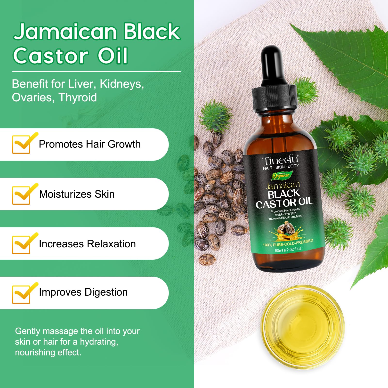 2Pack Jamaican Black Castor Oil for Hair Growth,Thicker Eyelashes & Eyebrows,Organic Castor Oil for Face,Body & Skin,100% Pure Cold Pressed Black Castor Oil,Hair Nourishing Oil - Image 2