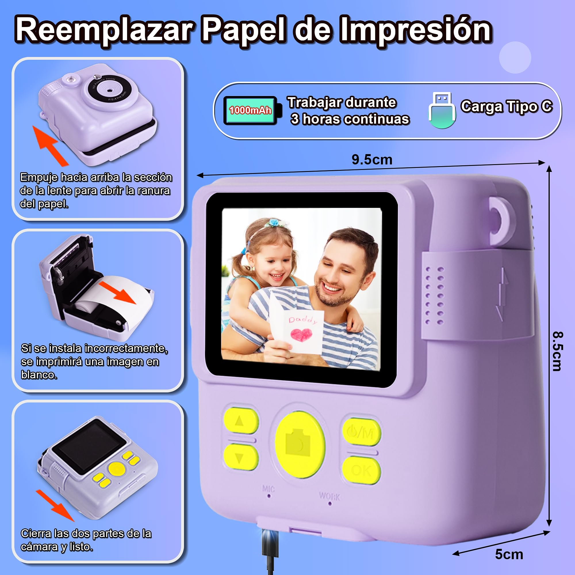 GKTZ Cámara de Fotos Instantáneas - 1080P Camara Fotos Infantil para Niños con Papel Fotográfico de Impresión y Tarjeta de 32G Regalo Juguete Niña 3 4 5 6 7 8 9 10 11 12 Años (Violeta)