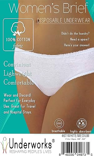 Miniatura 2 de Underworks Paquete de 10 ropa interior desechable para mujer, 100% algodón, para viajes, estancias hospitalarias, emergencias