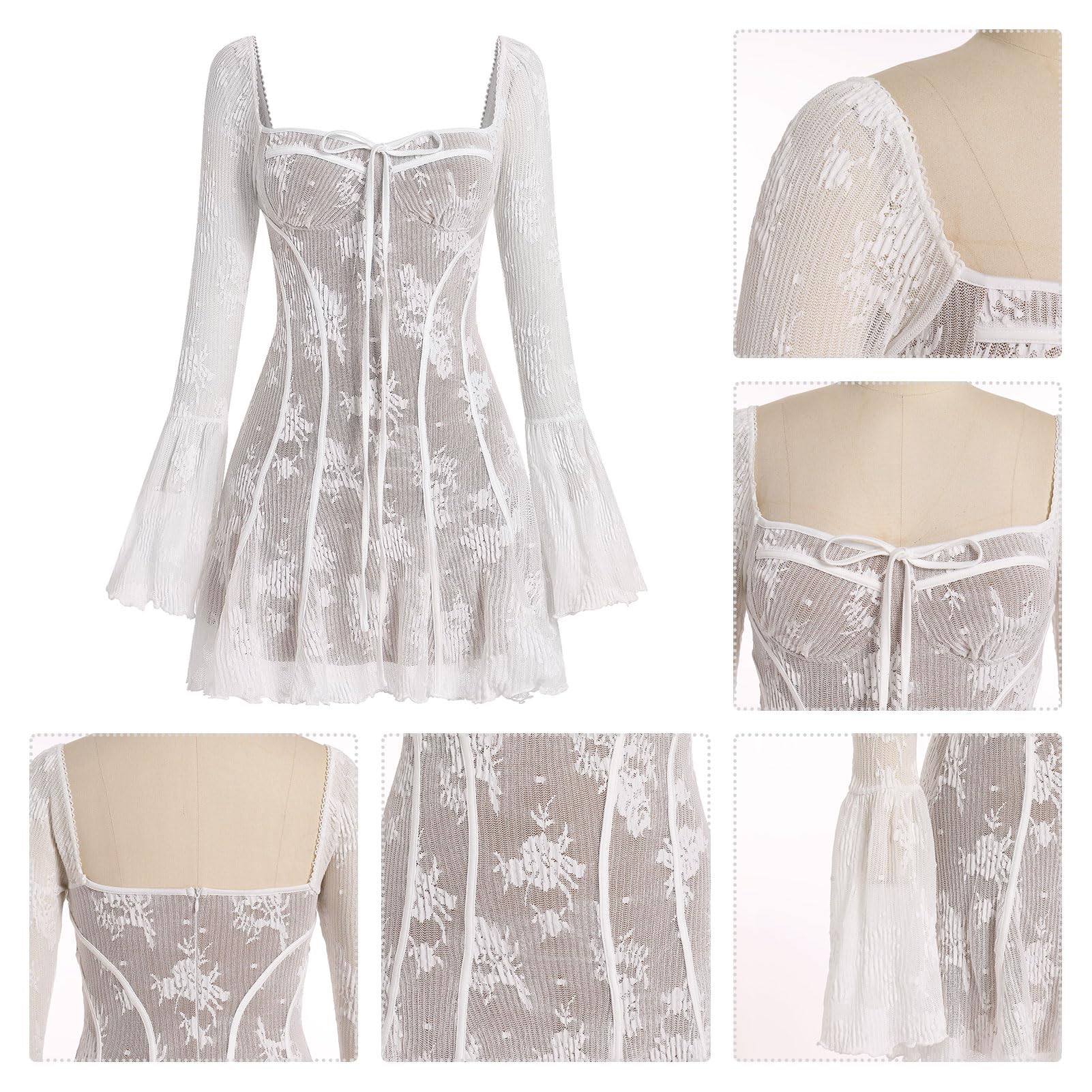 Odizli - Mini abito da donna elegante, a maniche lunghe, stile Y2K, per l’autunno, in pizzo, con corsetto, motivo floreale, per feste