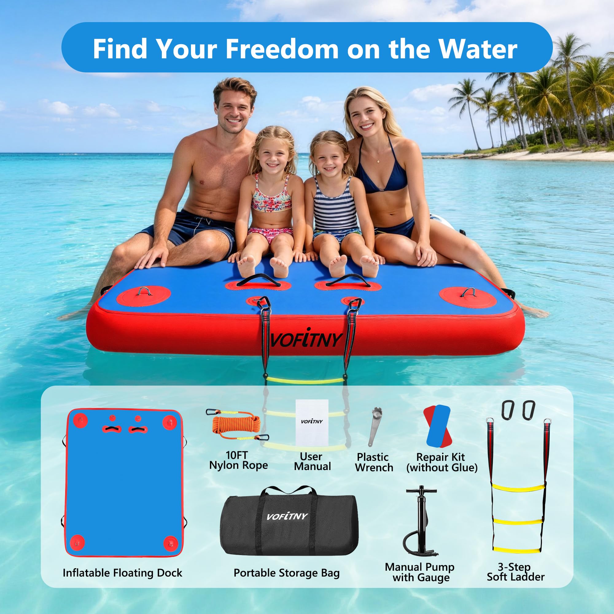 VOFiTNY Inflatable Floating Dock, Air Platform Multi-Person Swim Water Mat with Rope Ladder, None-Slip Surface for Pool Lake Beach