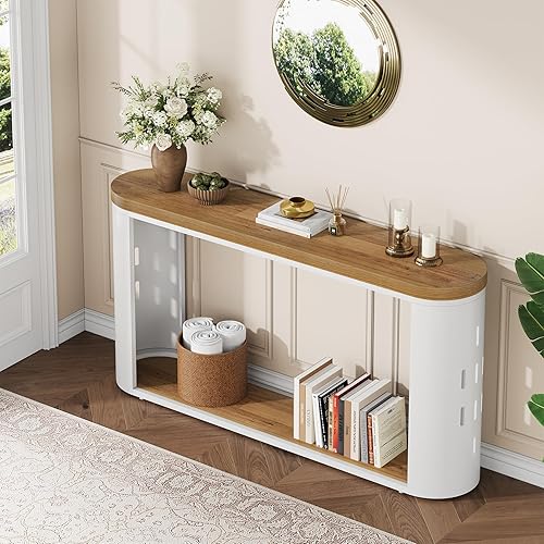 Miniatura 3 de Mesas consola estrechas para entrada, mesa de sofá de madera de 2 niveles con estante de almacenamiento, mesa de granja detrás del sofá para sala de