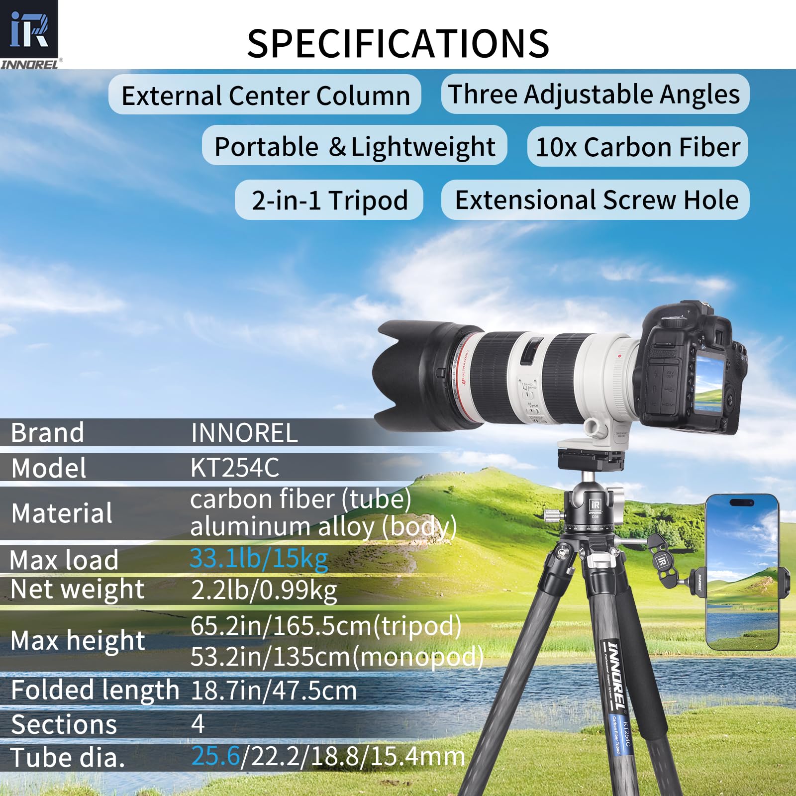 INNOREL KT254C Monopod monopod z włókna węglowego Profesjonalny przenośny kompaktowy statyw podróżny do lustrzanki cyfrowej 25,6 mm Tube obciążenie 15 kg z regulowanym prętem przedłużającym
