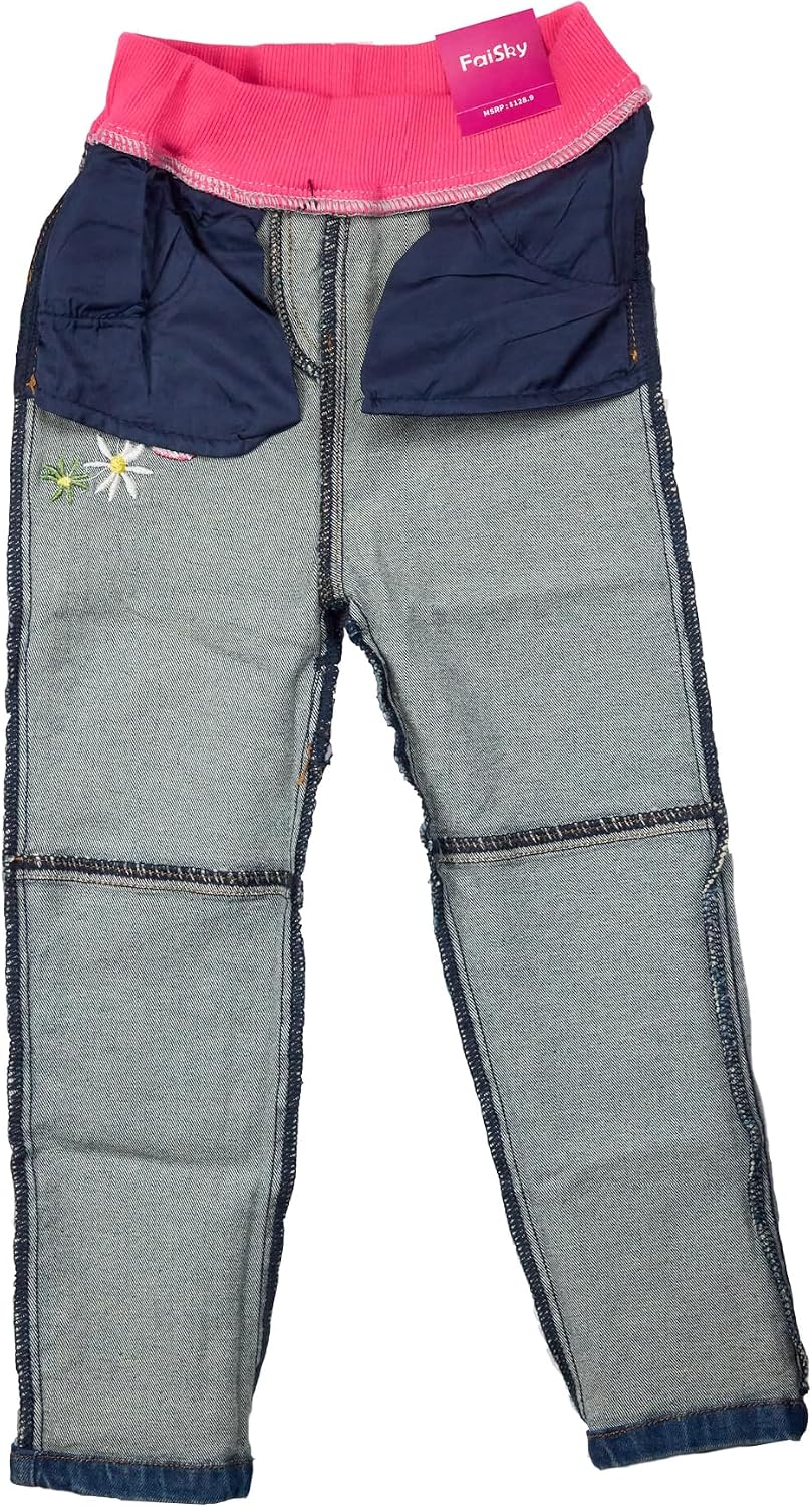 Girls Jeans Embroidered Floral Classic Fit Straight Cotton Denim Pants
