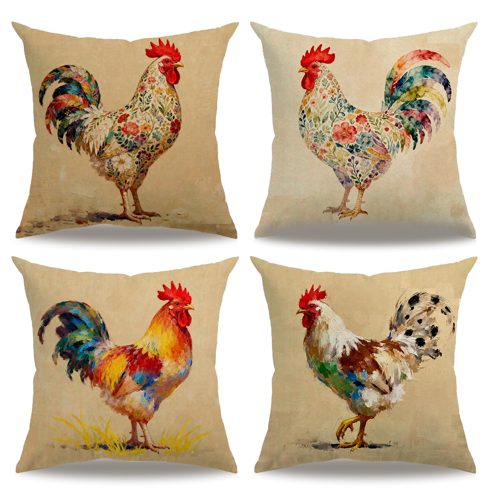 7COLORROOM Set Of 4 Watercolor Rooster Decorative Cushion Covers Art Colorful Chicken Pillowcases Rustic Farmhouse Rooster Cotton Linen Home Decorative Pillow Cover 18”x18” (Watercolor Rooster)