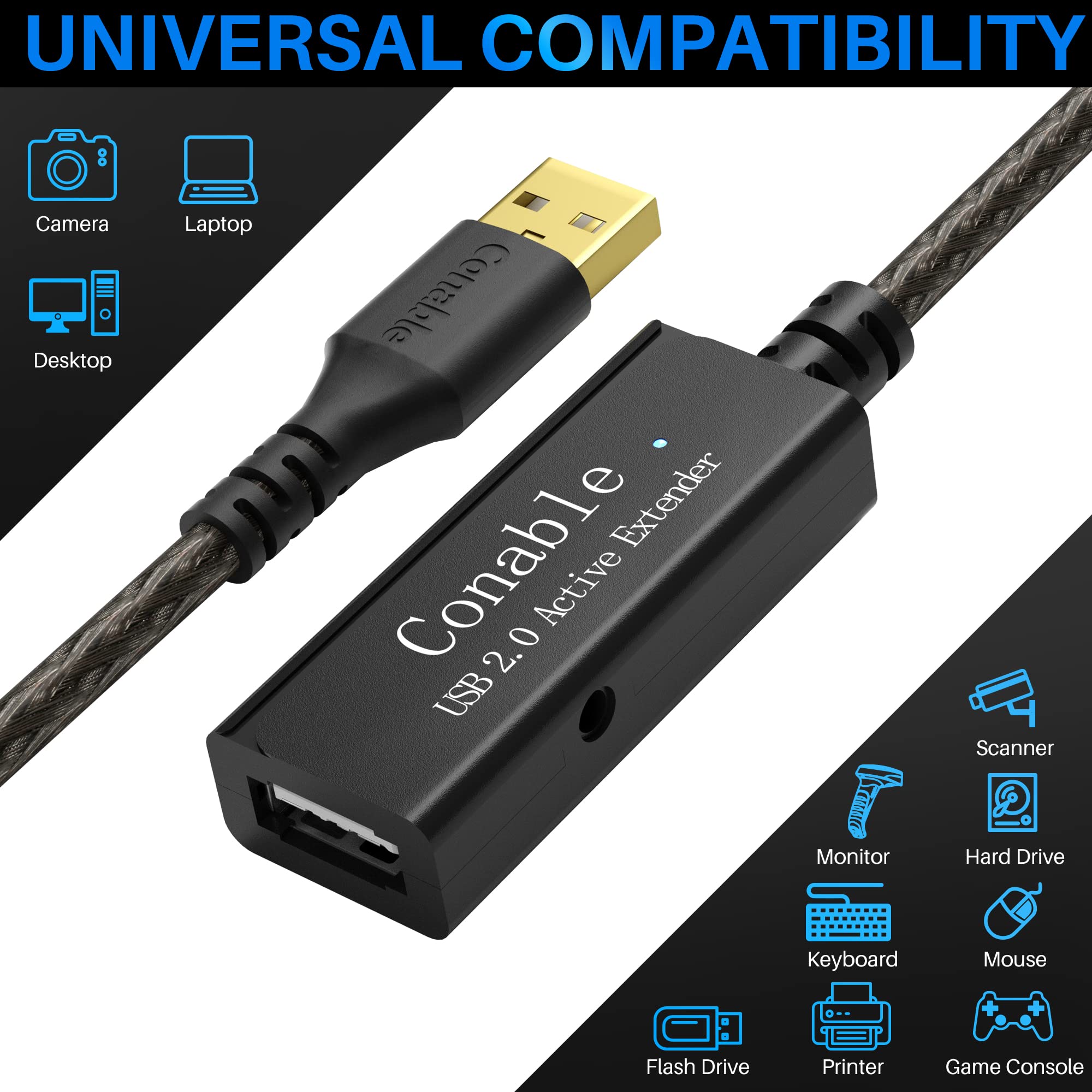 Długi, aktywny przedłużacz USB, 45,8 m, 22 AWG, wtyczka USB 2.0 typu A na gniazdo, kabel z 3 chipami przedłużającymi, wzmacniacz sygnału, 5 opasek kablowych, 45,7 m