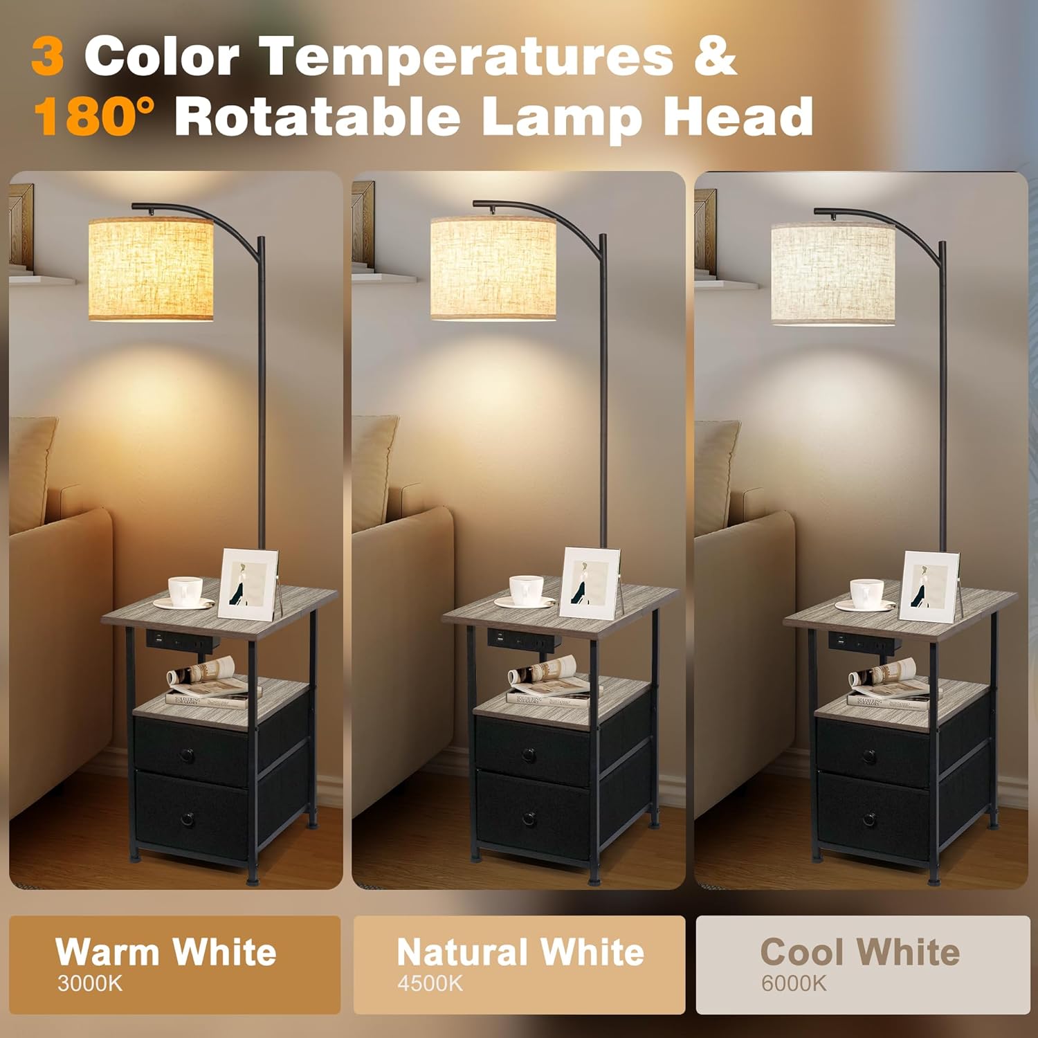 PESRAE Floor Lamp with Table & 2 Drawers, End Table with 3 Color Temperature Reading Light, Side Table Lamp with USB & Type C & AC Charging Port for Living Room, Home Office, Vintage Grey