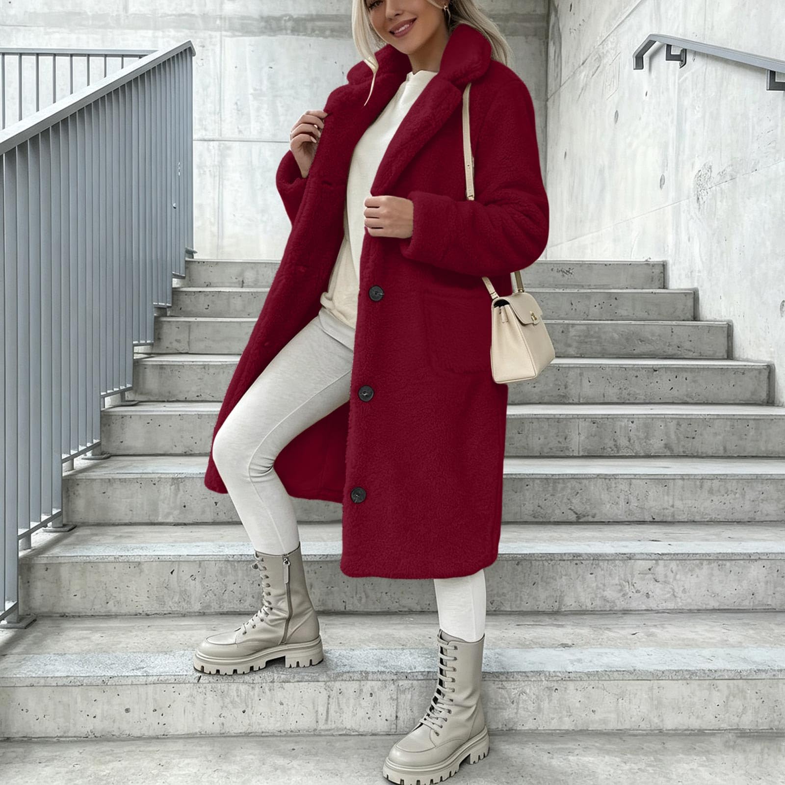 Generisch Damen Teddyjacke Lang Mantel Fleecejacke Trenchcoat Outdoorjacke