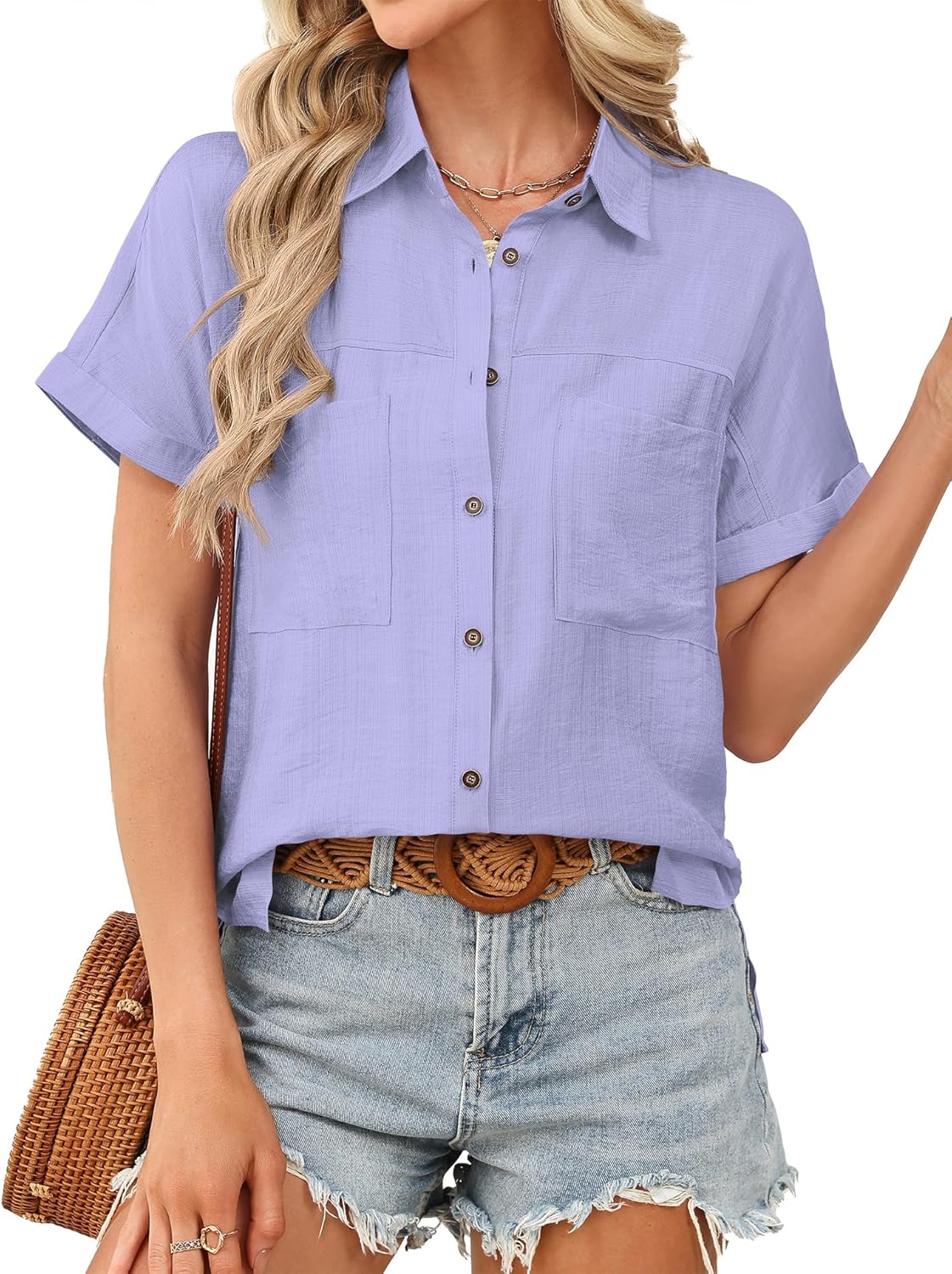 Button Down Shirt for Women Short Sleeve Blouses Dressy Casual Business Work Summer Vacation Tops Hawaii Shirts with Pockets - Image 6