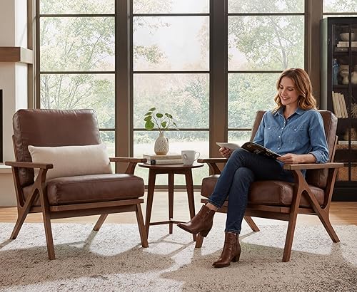 Miniatura 27 de Silla decorativa moderna de mediados de siglo con otomana, juego de sillón tapizado de lino de granja y otomano, silla de descanso retro de 23