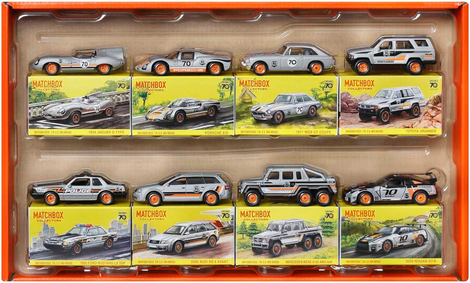 Matchbox Cars, Set of 8 Die-Cast Cars in 1:64 Scale with Premium Decos Including 1 Exclusive Vehicle, True Grip Tires, Platinum-Tone Finish, For Collectors