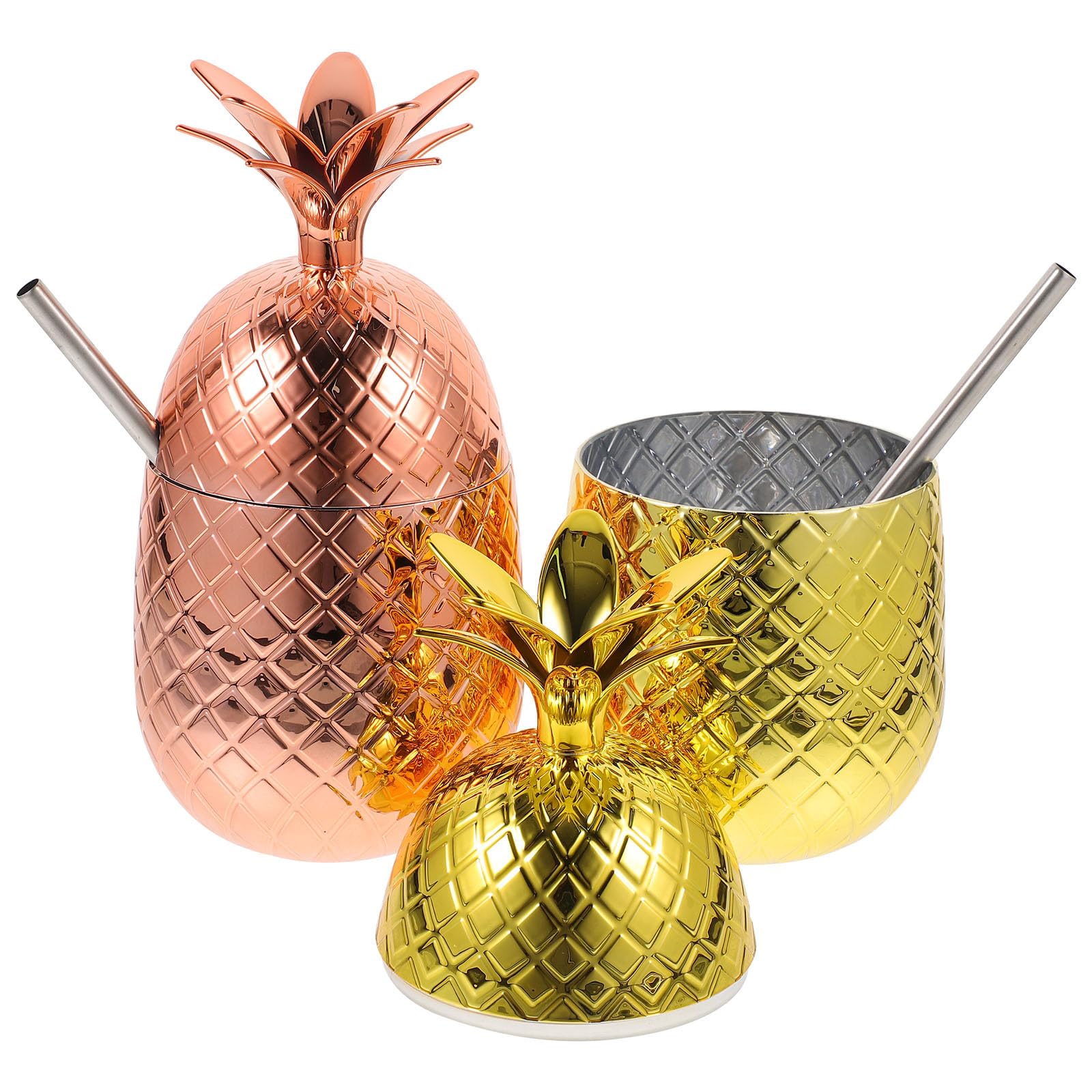 Healvian Gobelet ananas avec paille 450 ml Verre à cocktail tropical en acier inoxydable pour fête de plage Bar et maison 450 ml Gobelet créatif pour boissons froides