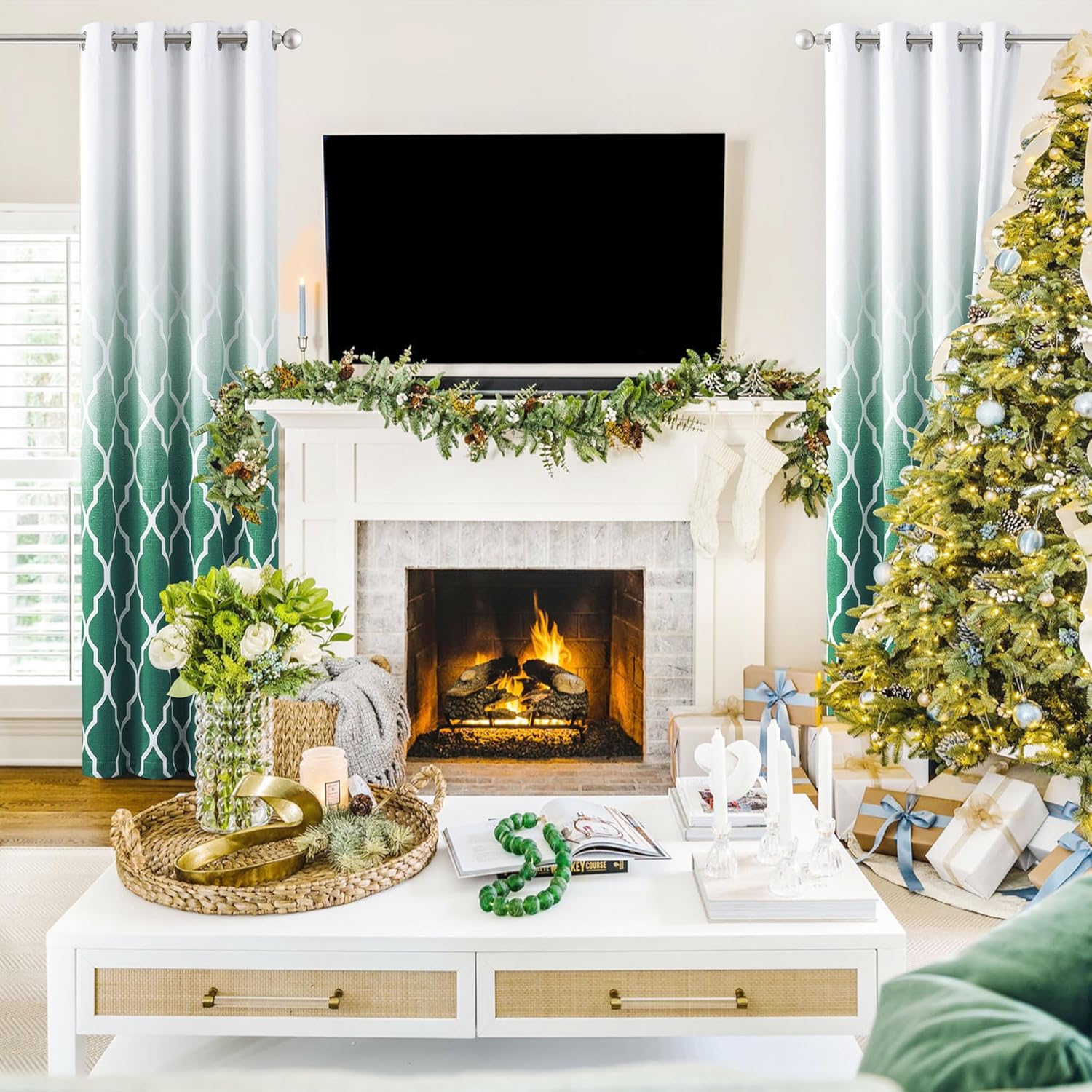 Metro Parlor Green White Ombre Full Blackout Curtains 84 Inches Long 2 Panels for Living Room Bedroom Moroccan Geo Patterned Room Darkening Thermal Insulated Grommet Top Window Treatment Drapes,52x84