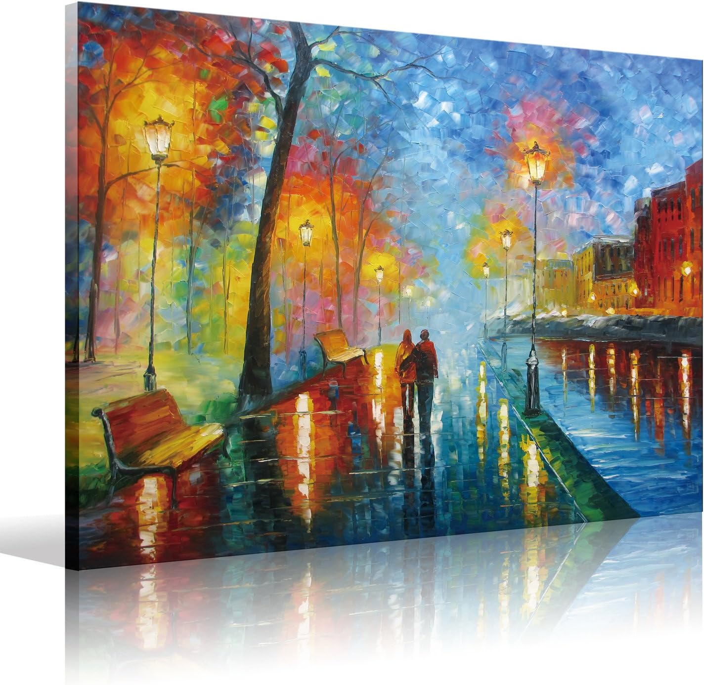 Framed HD Stretched Ready to Hang Canvas,Artwork Wall Art Romantic Oil Painting 30x40inch(70x100cm)1pc,Lovers Walk on The Side of The Lake Prints on Canvas for Bedroom,Decorations Wall Decor