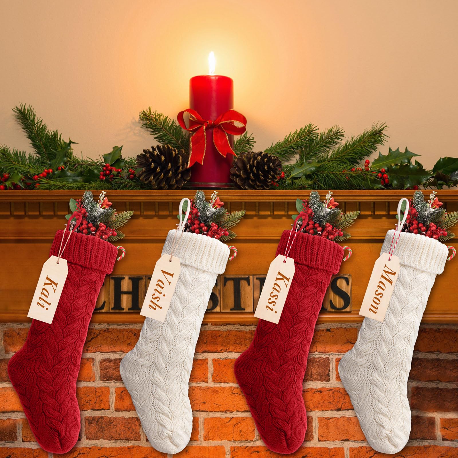 Lot de 6 chaussettes de Noël tricotées de 45,7 cm avec étiquettes de nom pour décoration de Noël en famille (bordeaux, blanc ivoire)