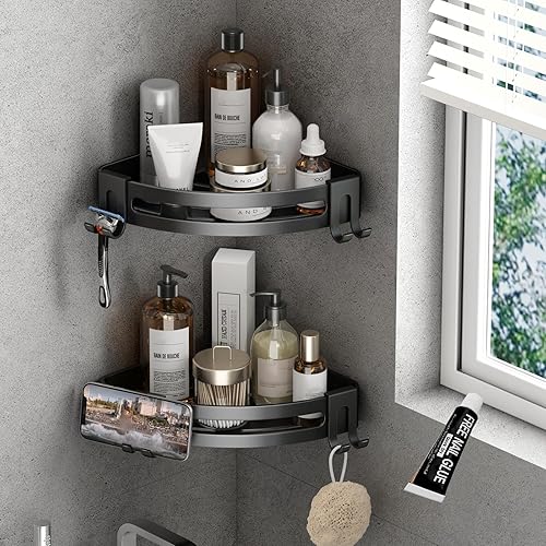 VOLPONE Corner Shower Caddy with Razor Holder Adhesive Shower Shelf Corner No Drilling Bathroom Shower Organizer Storage Rack (2-Pack, Black) VOLPONE Corner Shower Caddy with Razor Holder Adhesive Shower Shelf Corner No Drilling Bathroom Shower Organizer Storage Rack (2-Pack, Black)