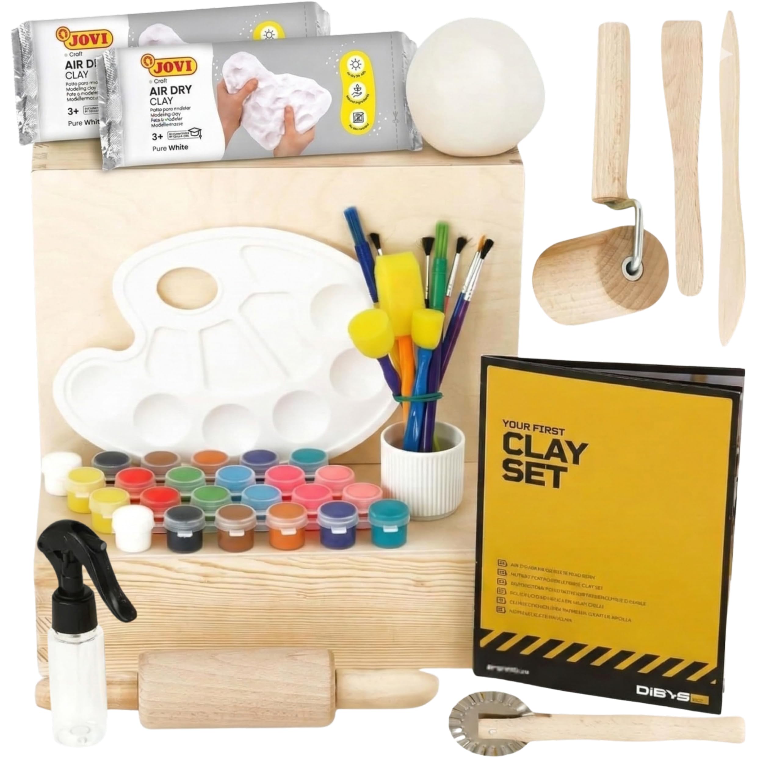 DIBYS Töpfer Set für Zuhause - 2x500 g Lufttrocknender Ton Weiß mit Töpferwerkzeug, 15 Farben & Pinseln - Töpfern Set für Erwachsene - DIY Kreativset mit Ton - Töpfern ohne Brennen - Geschenkidee