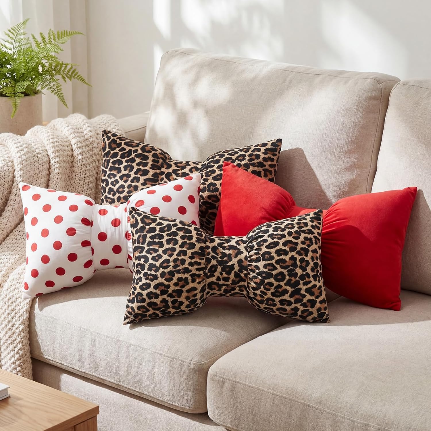 Kathfly Red 4 Pack Velvet Bow Pillow Soft Plush Throw Bowknot Pillows Butterfly Shaped for Living Room Home Bed Sofa Cute Decoration (White,Leopard Print,20 x 12 Inch,Creative)